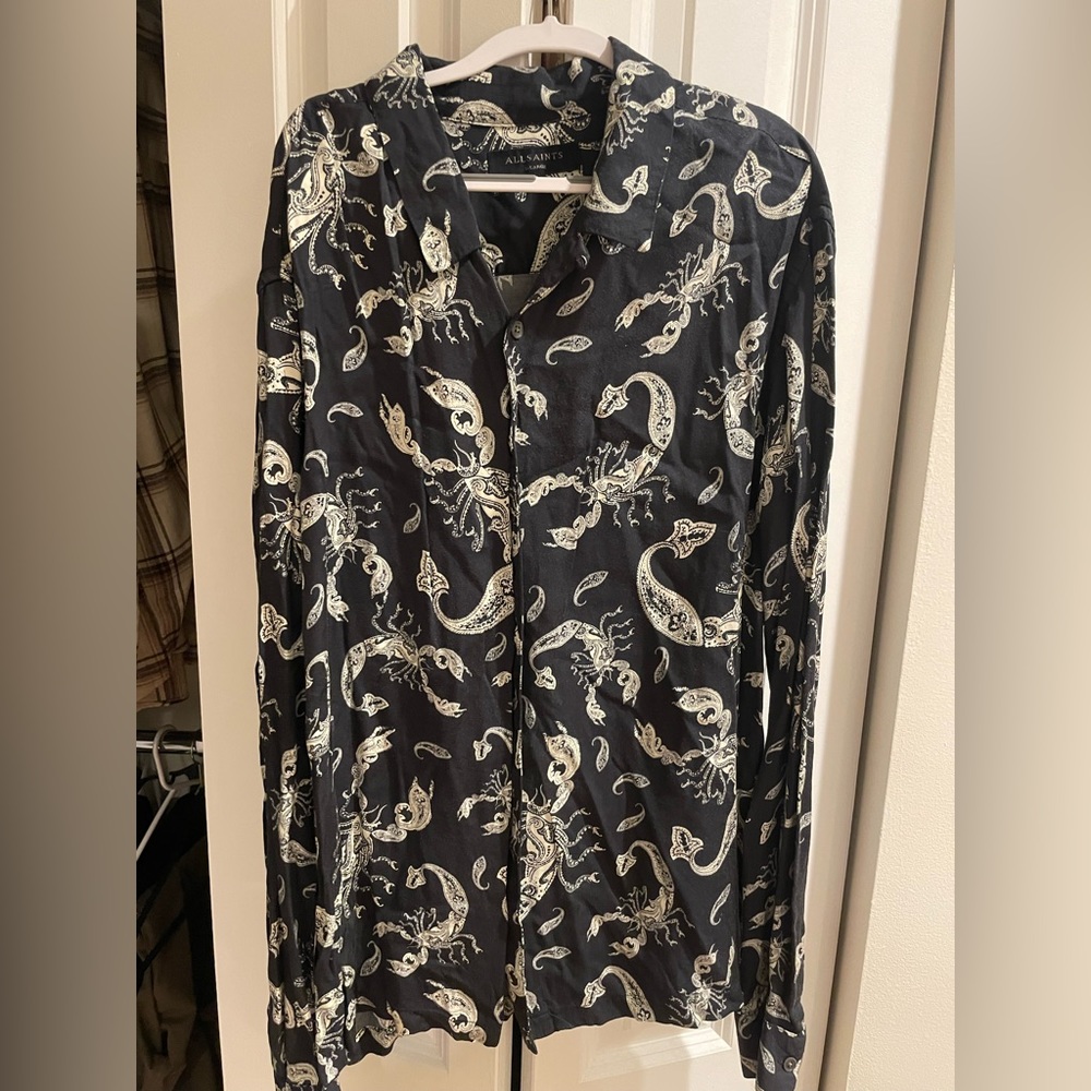 Allsaints Scorpion Print Black Long Sleeve Buttondown Shirt XL